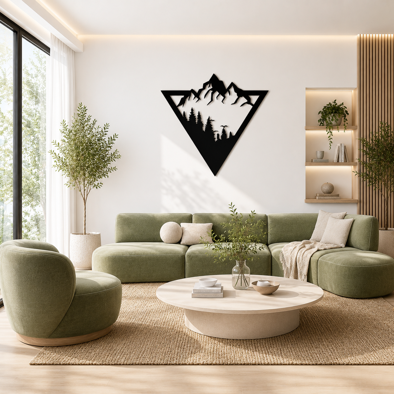تابلو فلزی مشکی طرح طبیعت و کوه، مناسب دکوراسیون مینیمال با مبلمان سبز، نور طبیعی و چیدمان لوکس.